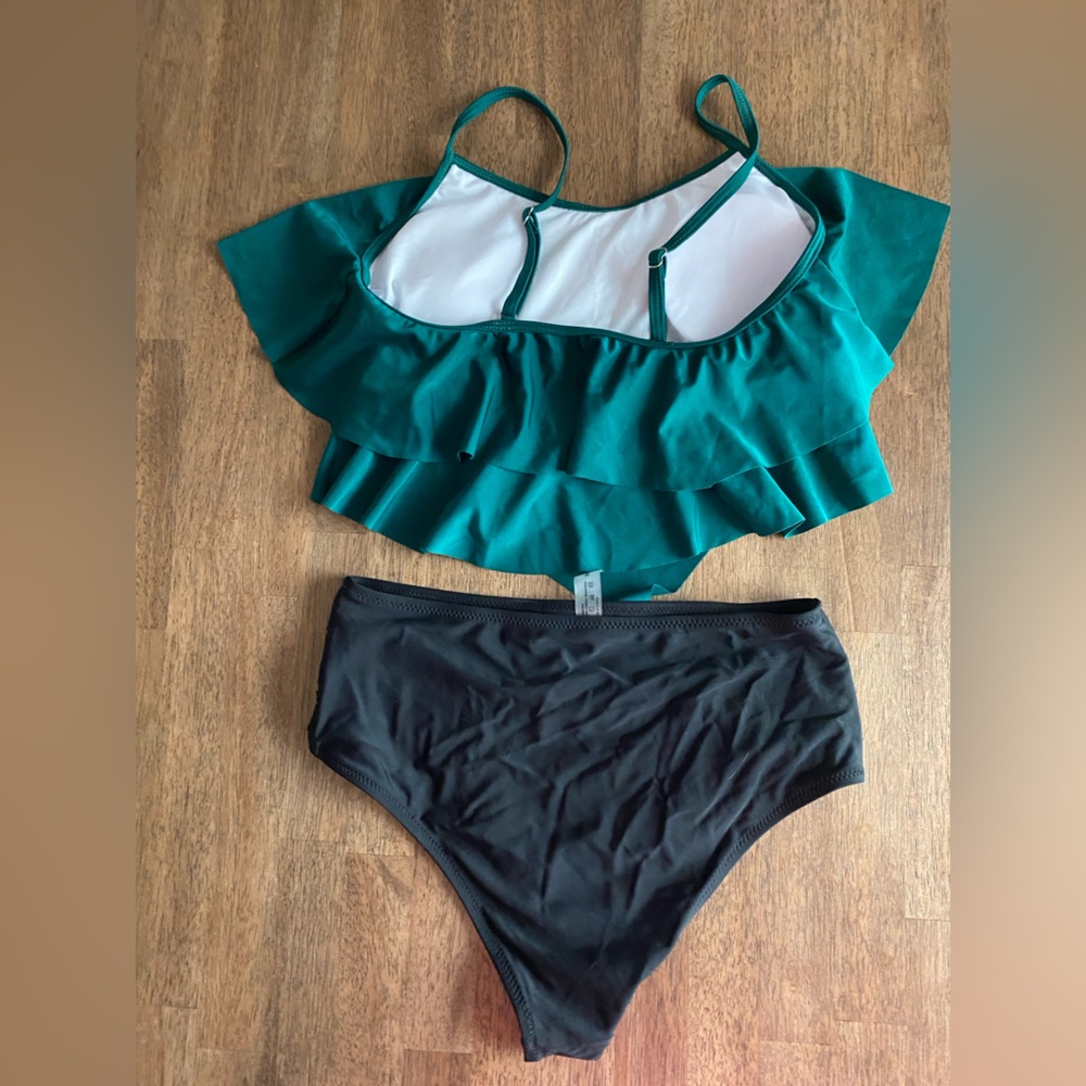 Women's Teal Ruffle Swim Top with Black Swim Bottoms - Picture 2 of 4